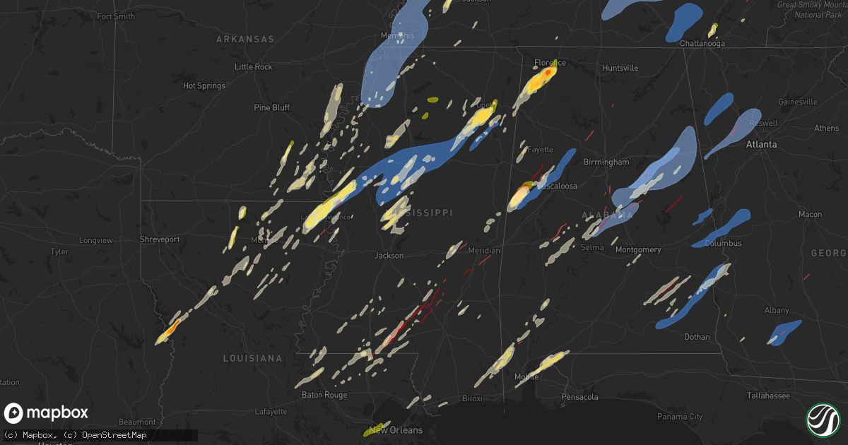 Hail map in Mississippi on March 15, 2025