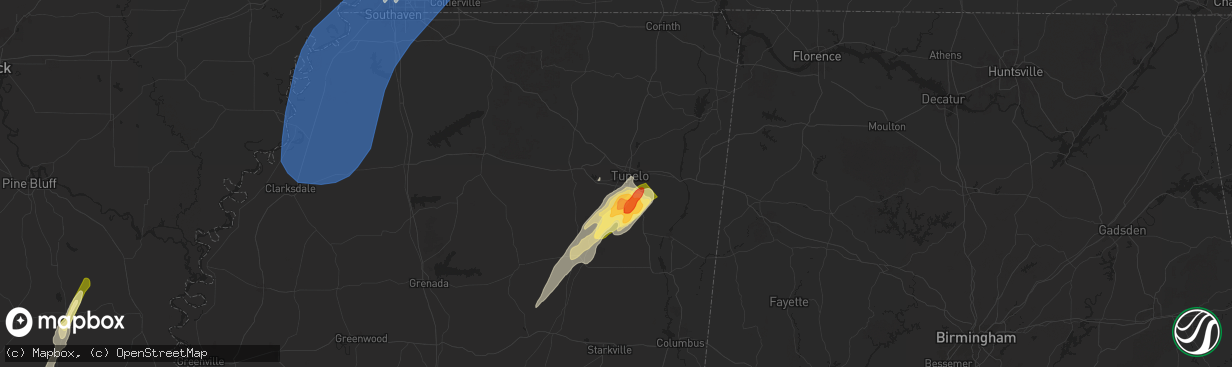 Hail map in Tupelo, MS on March 15, 2025