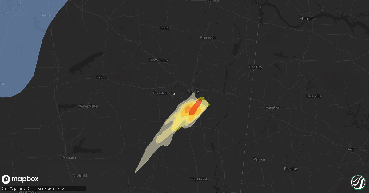 Hail map in Tupelo, MS on March 15, 2025