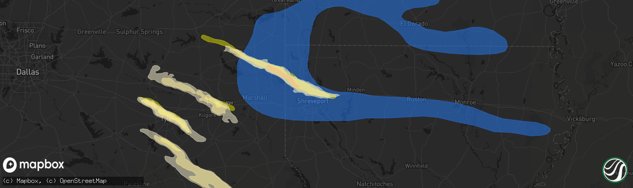 Hail map in Bossier City, LA on March 15, 2026