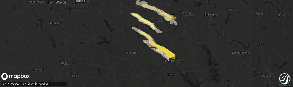 Hail map in Jacksonville, TX on March 15, 2026