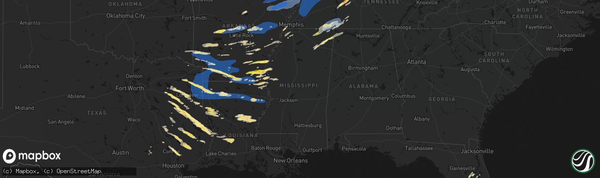 Hail map in Mississippi on March 15, 2026