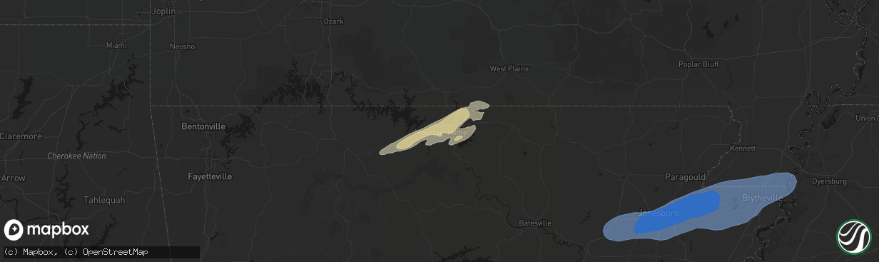 Hail map in Mountain Home, AR on March 15, 2026