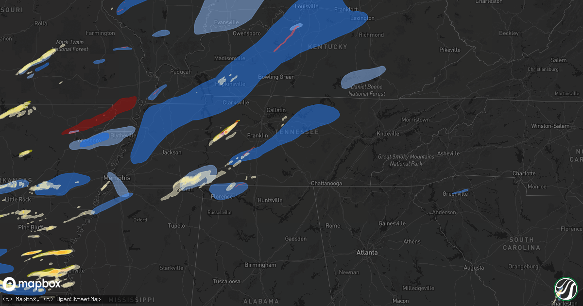 Hail map in Tennessee on March 15, 2026