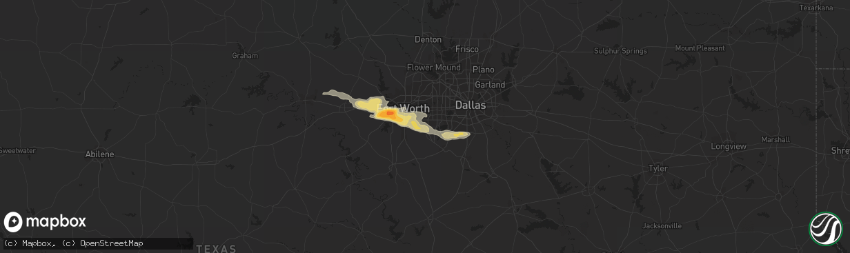 Hail map in Arlington, TX on March 16, 2016