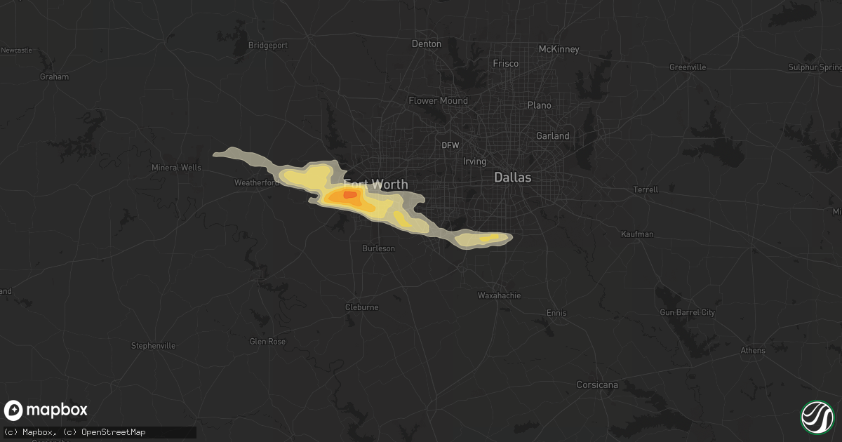 Hail map in Arlington, TX on March 16, 2016