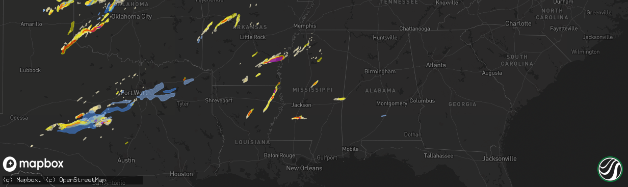 Hail map in Mississippi on March 16, 2021