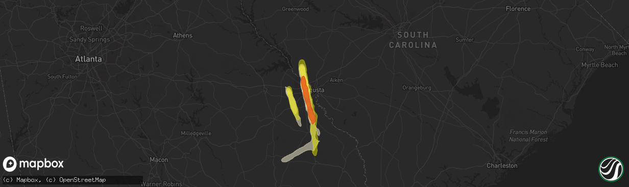 Hail map in Augusta, GA on March 16, 2022