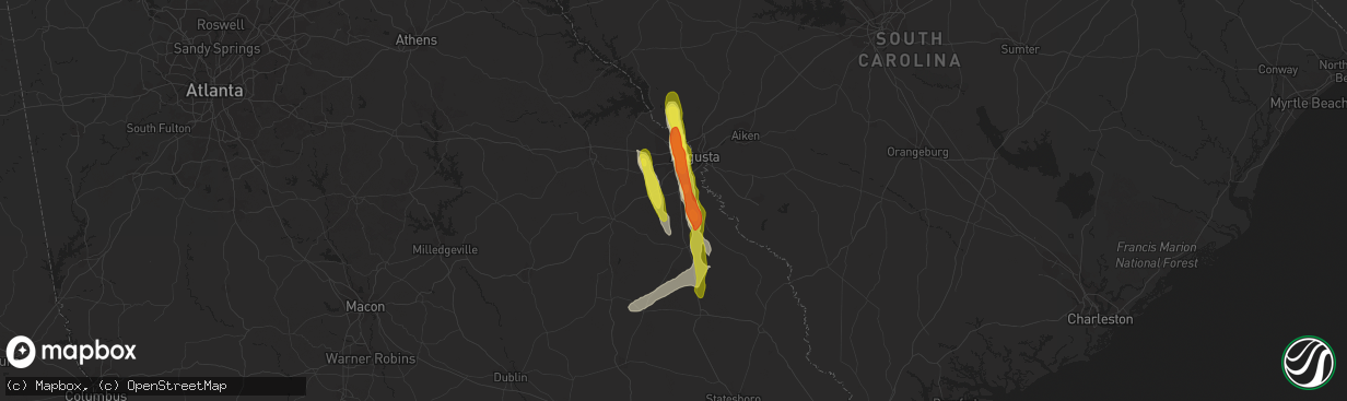 Hail map in Hephzibah, GA on March 16, 2022