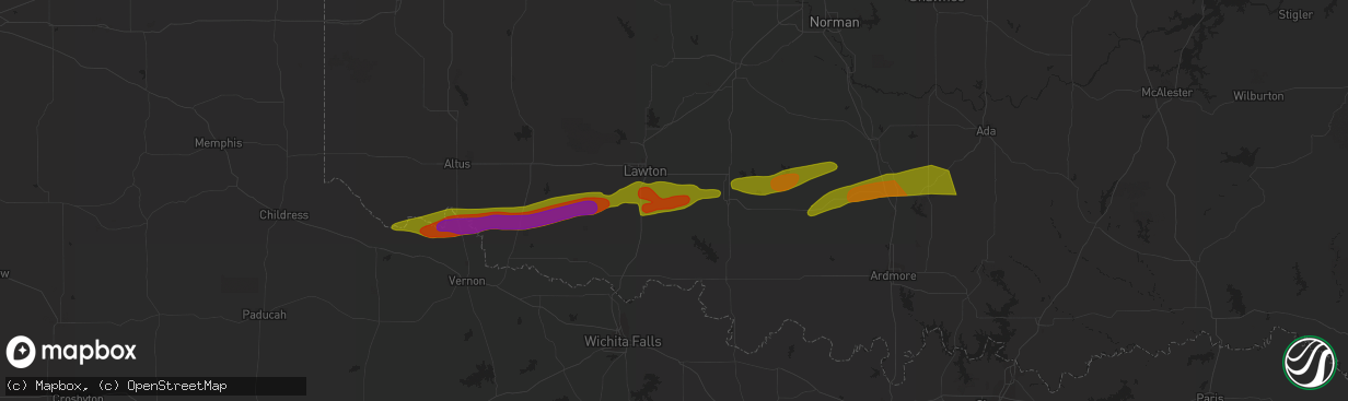 Hail map in Hennepin, OK on March 16, 2023