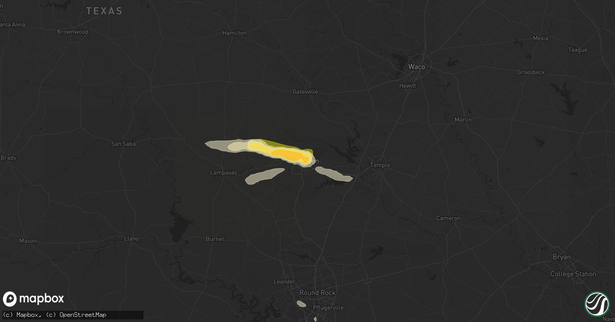 Hail map in Killeen, TX on March 16, 2023
