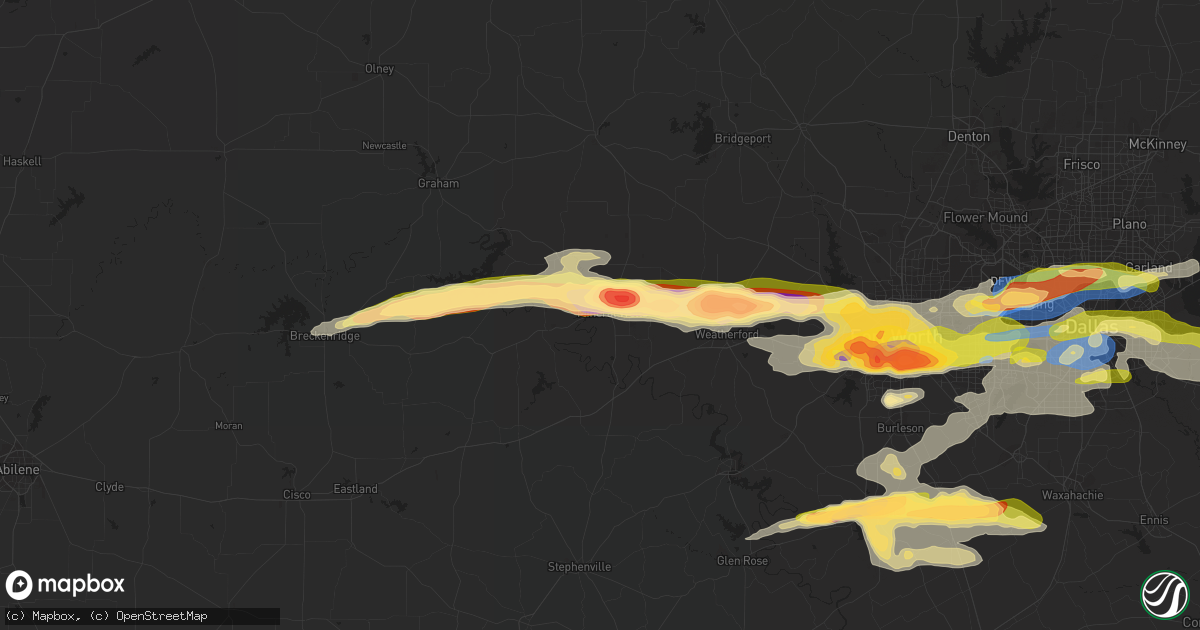 Hail map in Mineral Wells, TX on March 16, 2023