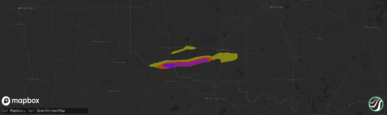 Hail map in Odell, TX on March 16, 2023