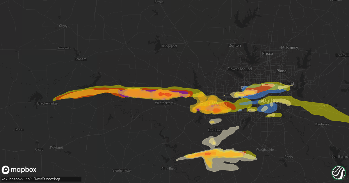 Hail map in Weatherford, TX on March 16, 2023
