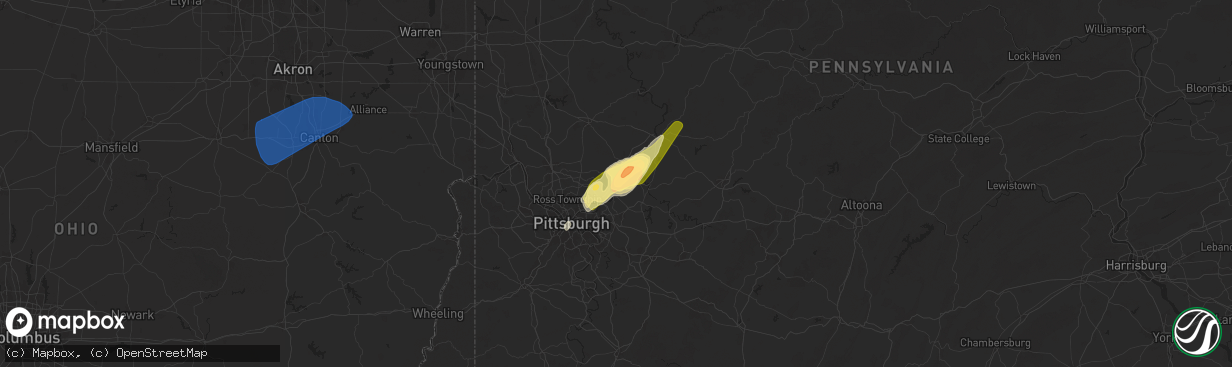 Hail map in Brackenridge, PA on March 16, 2025