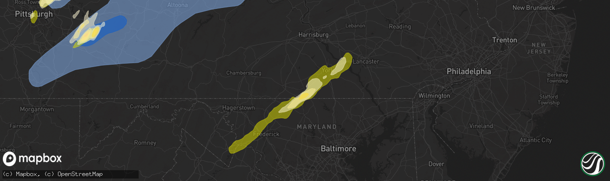 Hail map in Hanover, PA on March 16, 2025