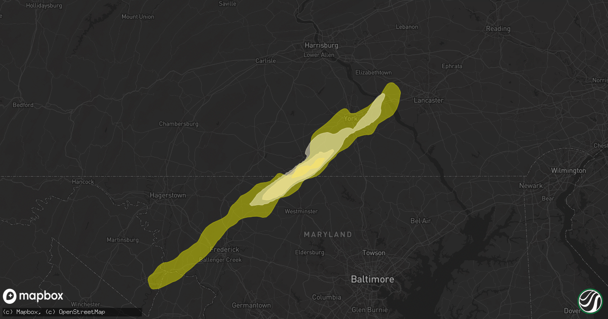 Hail map in Hanover, PA on March 16, 2025