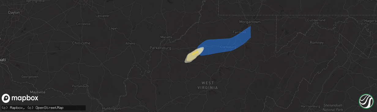 Hail map in Harrisville, WV on March 16, 2025