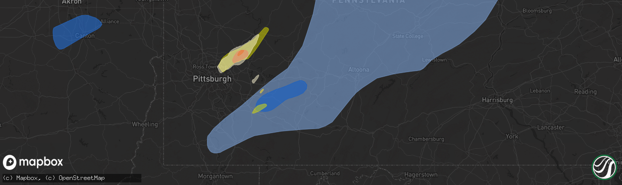 Hail map in Johnstown, PA on March 16, 2025