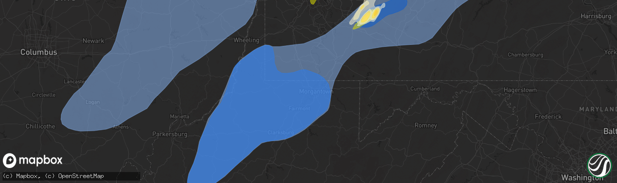 Hail map in Morgantown, WV on March 16, 2025