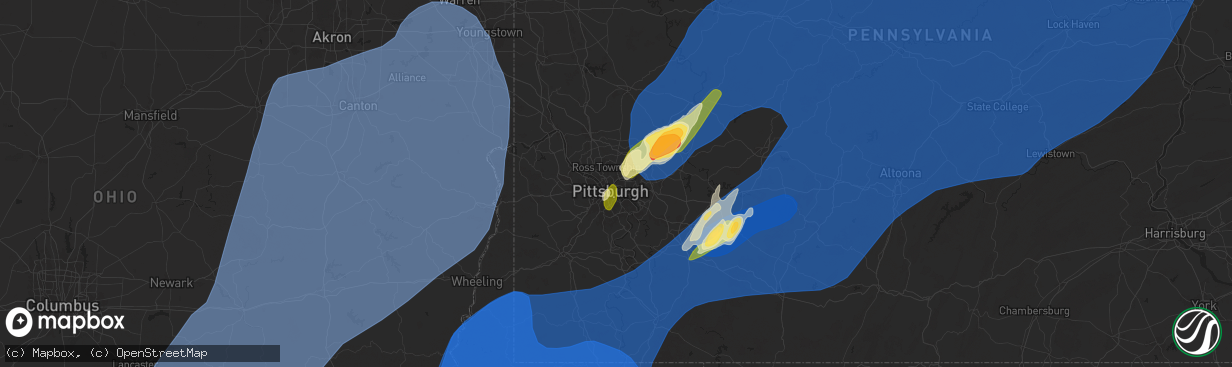 Hail map in Pittsburgh, PA on March 16, 2025