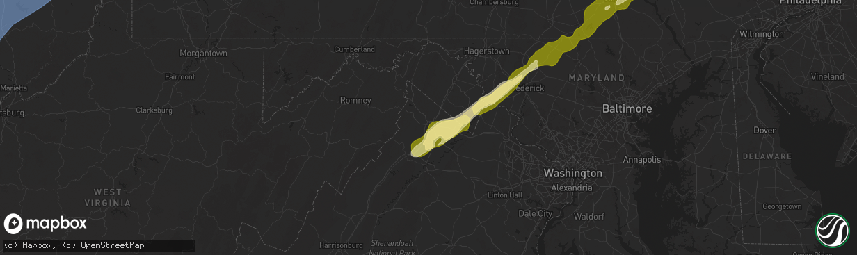 Hail map in Winchester, VA on March 16, 2025