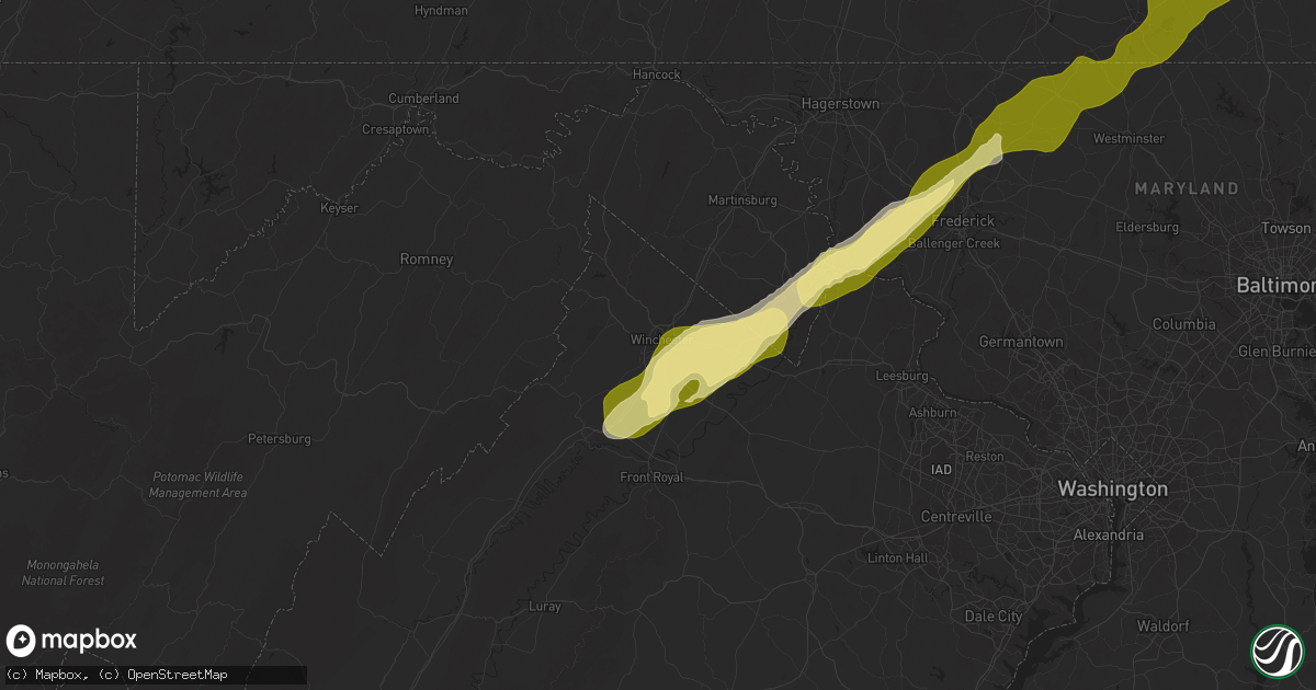 Hail map in Winchester, VA on March 16, 2025