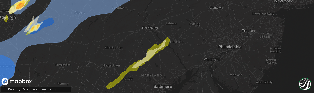 Hail map in York, PA on March 16, 2025