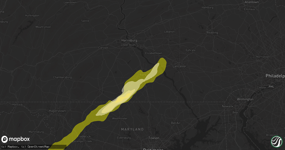 Hail map in York, PA on March 16, 2025