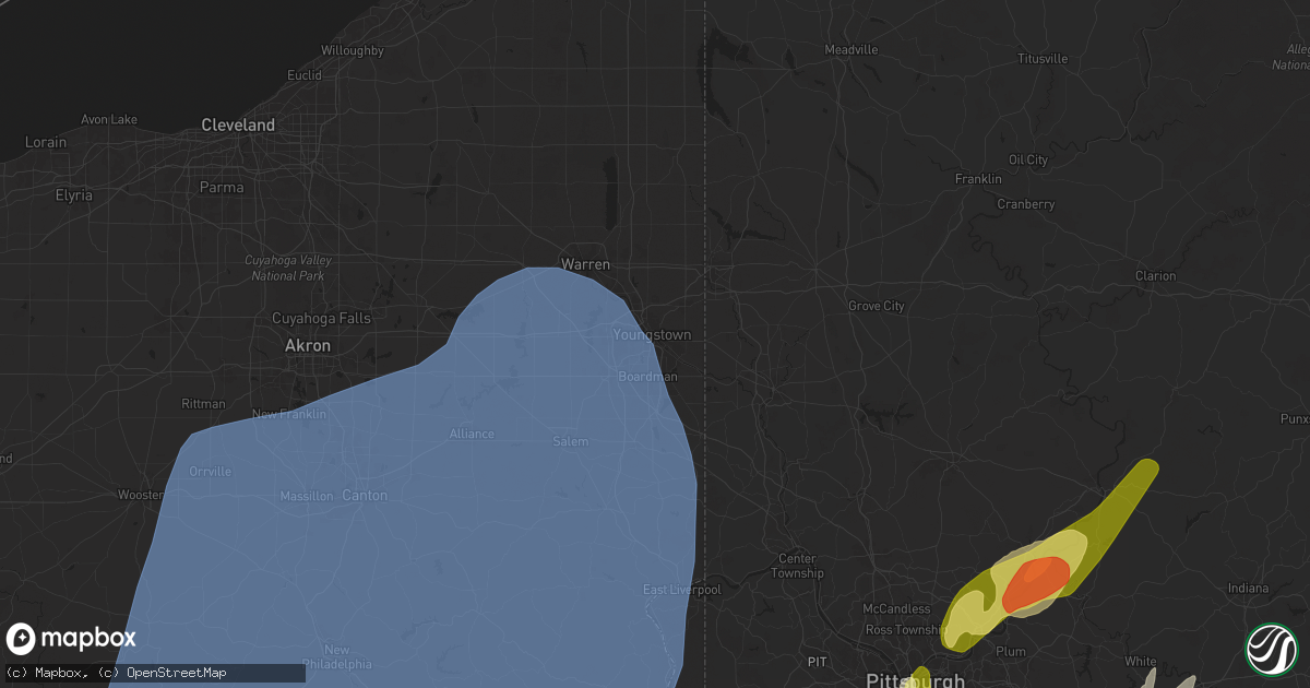 Hail map in Youngstown, OH on March 16, 2025