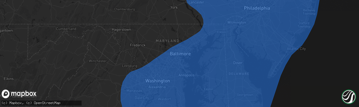 Hail map in Baltimore, MD on March 16, 2026