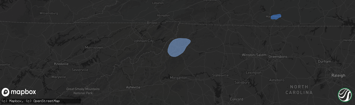 Hail map in Blowing Rock, NC on March 16, 2026