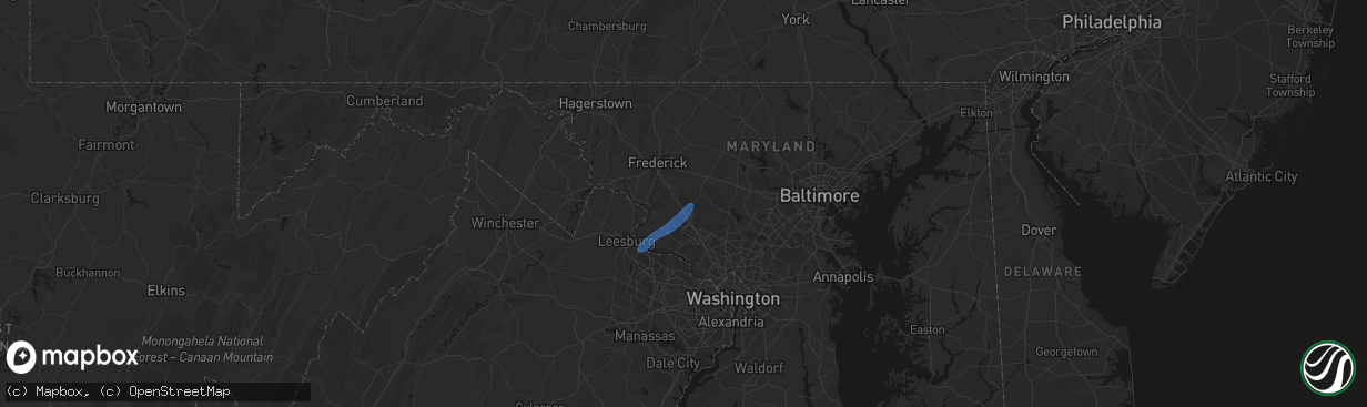 Hail map in Clarksburg, MD on March 16, 2026