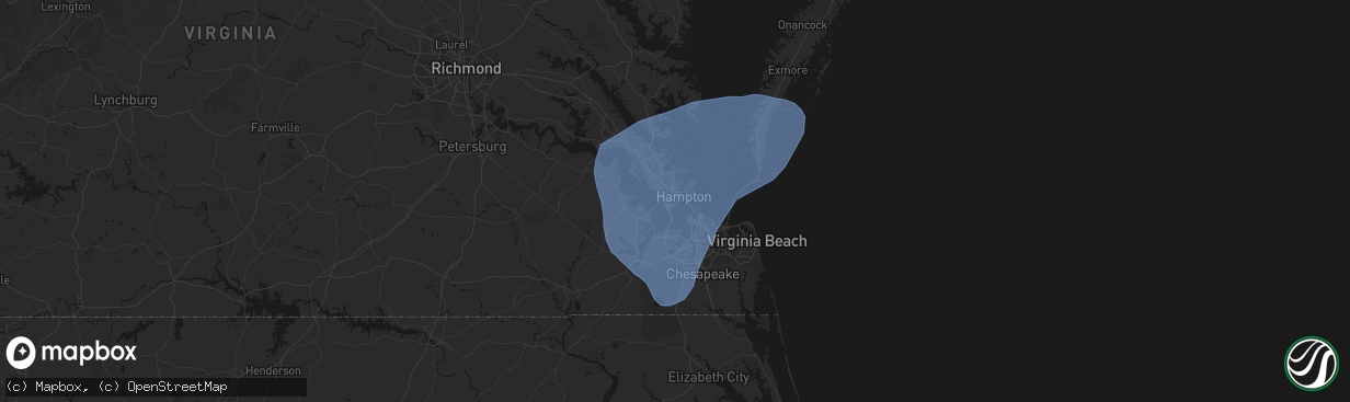 Hail map in Hampton, VA on March 16, 2026