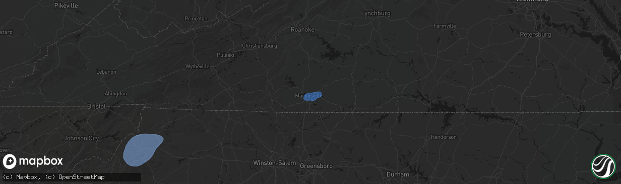 Hail map in Martinsville, VA on March 16, 2026