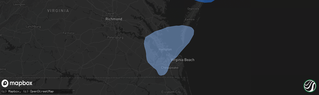 Hail map in Newport News, VA on March 16, 2026