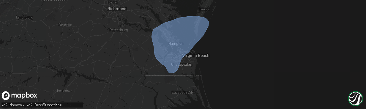 Hail map in Norfolk, VA on March 16, 2026