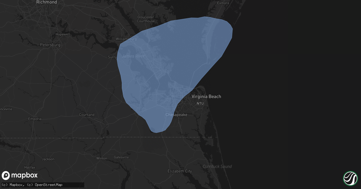 Hail map in Norfolk, VA on March 16, 2026