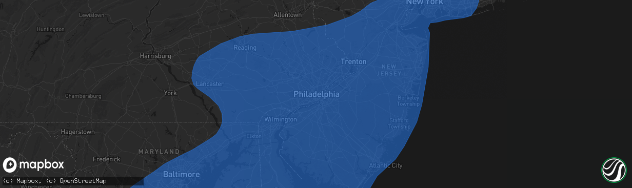 Hail map in Philadelphia, PA on March 16, 2026