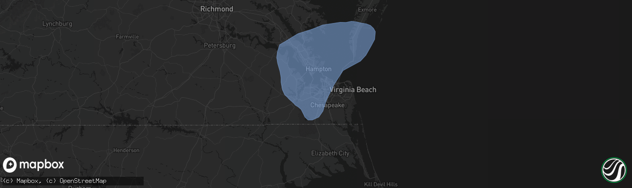 Hail map in Portsmouth, VA on March 16, 2026