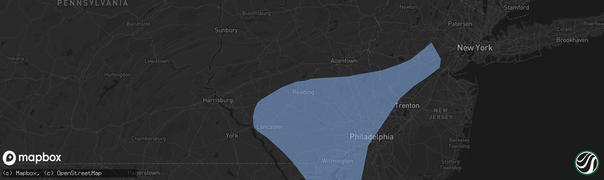 Hail map in Reading, PA on March 16, 2026