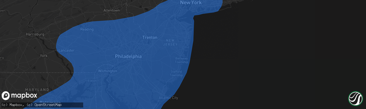 Hail map in Toms River, NJ on March 16, 2026