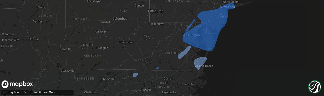 Hail map in Virginia on March 16, 2026