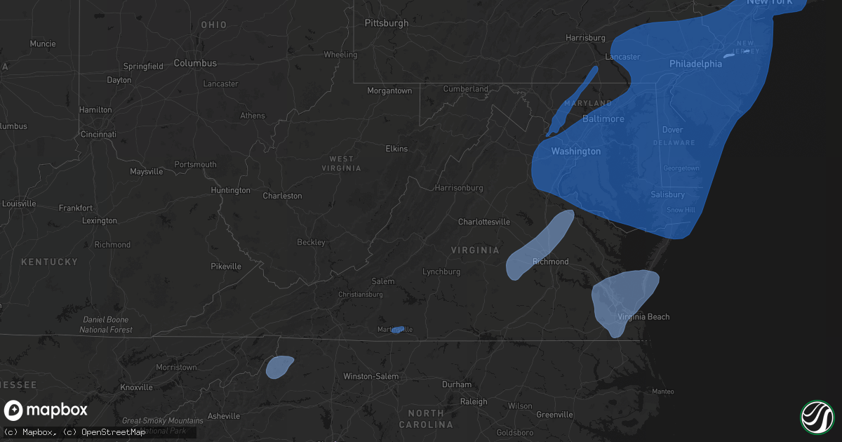 Hail map in Virginia on March 16, 2026