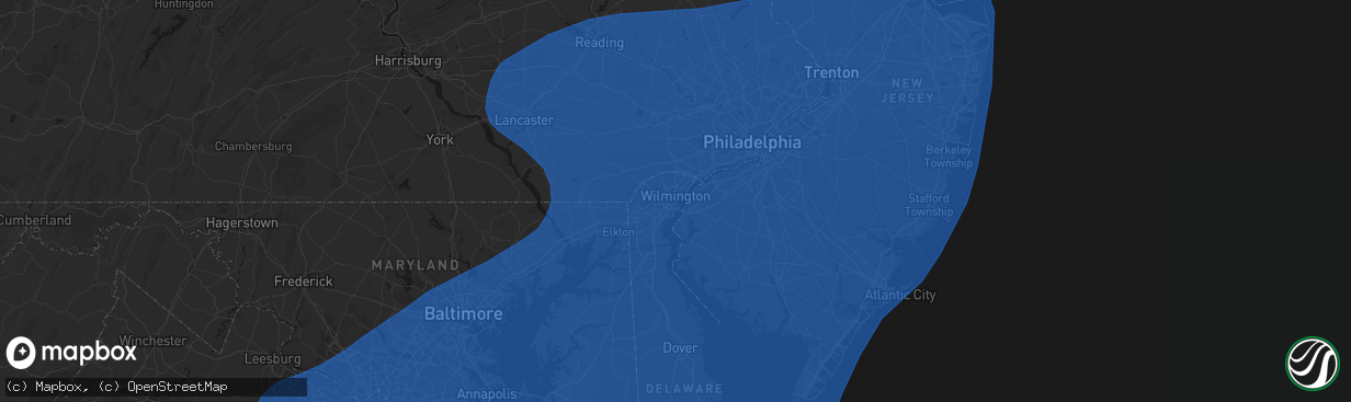 Hail map in Wilmington, DE on March 16, 2026