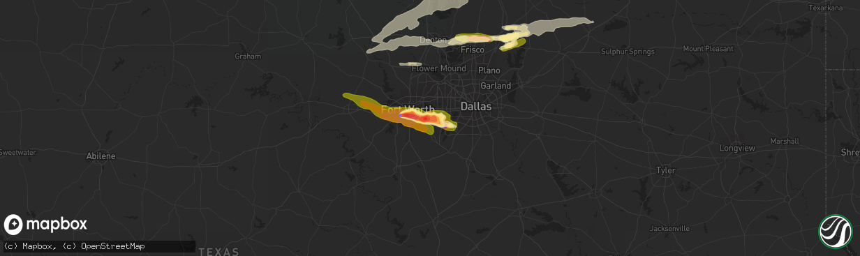 Hail map in Arlington, TX on March 17, 2016