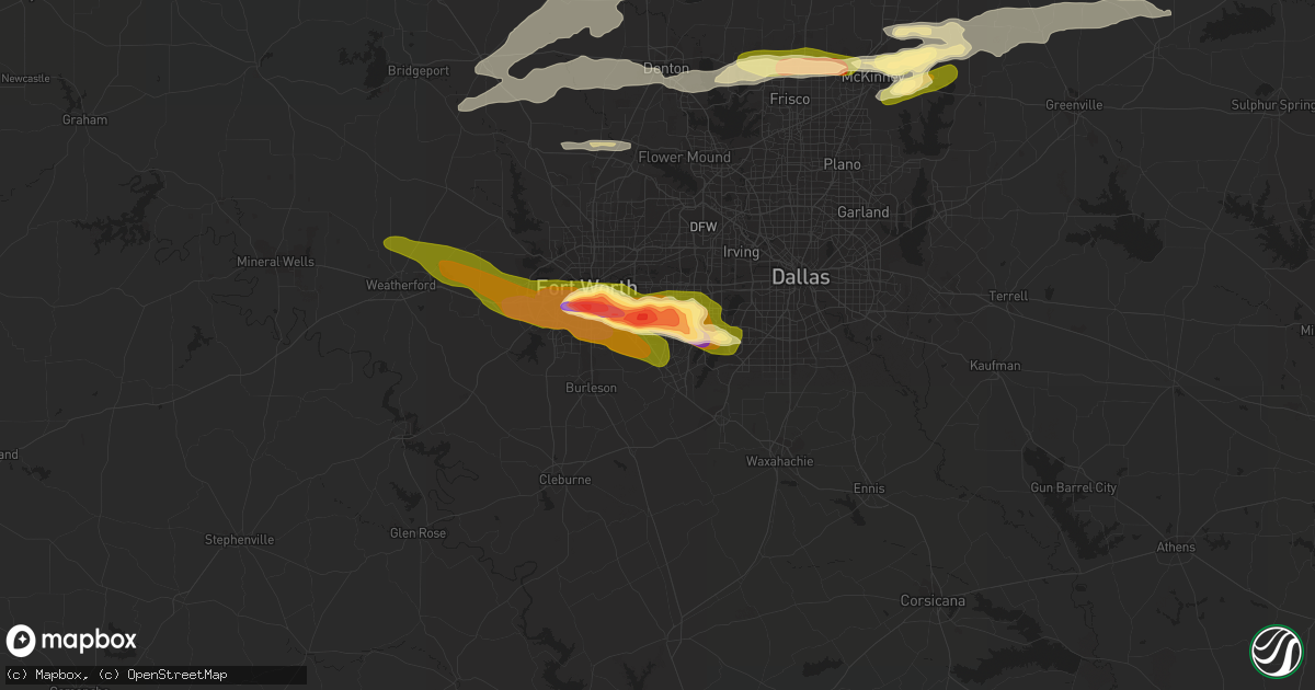 Hail map in Arlington, TX on March 17, 2016