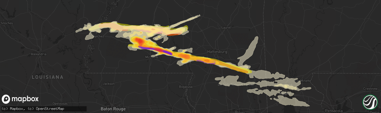 Hail map in Columbia, MS on March 17, 2016