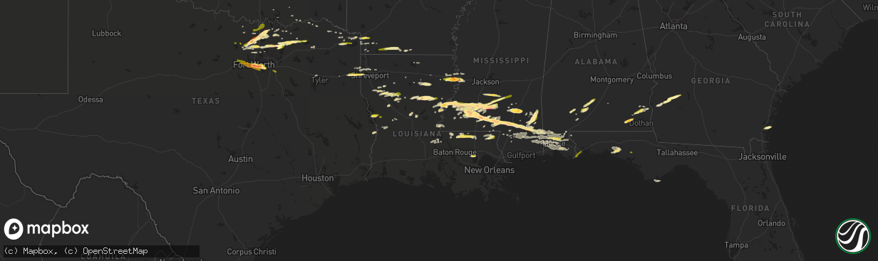 Hail map in Louisiana on March 17, 2016