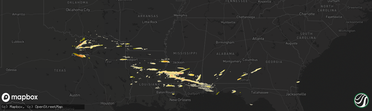 Hail map in Mississippi on March 17, 2016